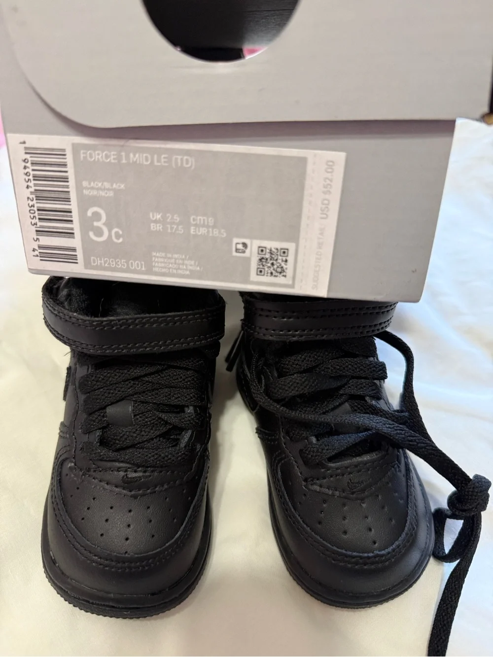 NIKE Force 1 Mid LE DH2935-001 (Black/Black), Size 3c